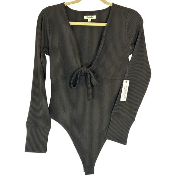 Shades of Rose Tops - Shades of Rose- Monroe Bodysuite Black Ribbed Tie Front Long Sleeve Size M